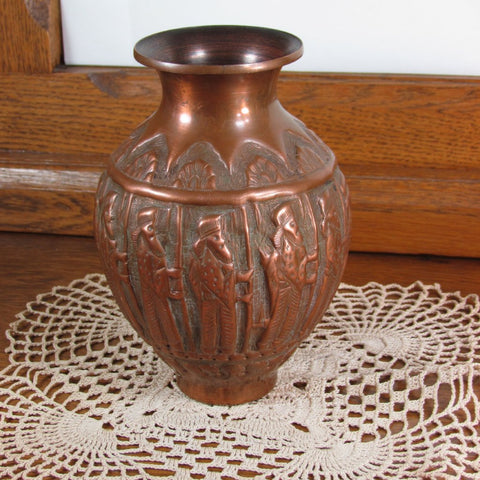 Unusual Vintage Copper Vase King with Subjects motif - Attic and Barn Treasures