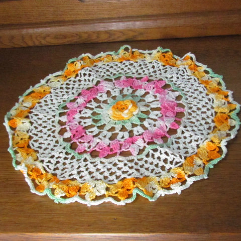Vintage Pink, Ecru and Yellow Doily with Variegated Green Accent - Attic and Barn Treasures