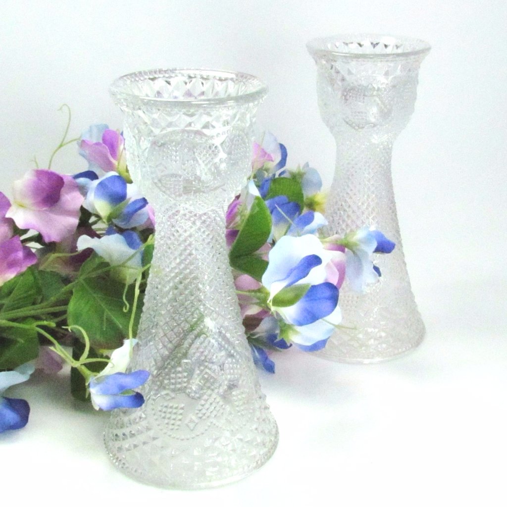 Fostoria Contour Flora Candle Ashtrays Mid Century Modern Glass Clear Set 2  60s