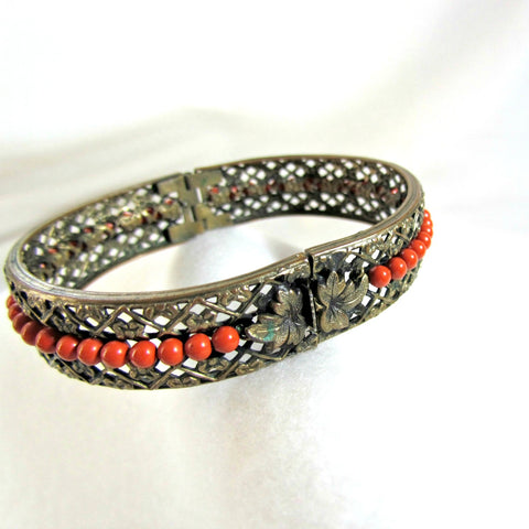 Vintage Hinged Filigree Brass and Coral Bead Bracelet - Attic and Barn Treasures