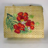 Vintage Woven Natural Fiber Purse with Tropical Hibiscus Raffia Flowers - Attic and Barn Treasures