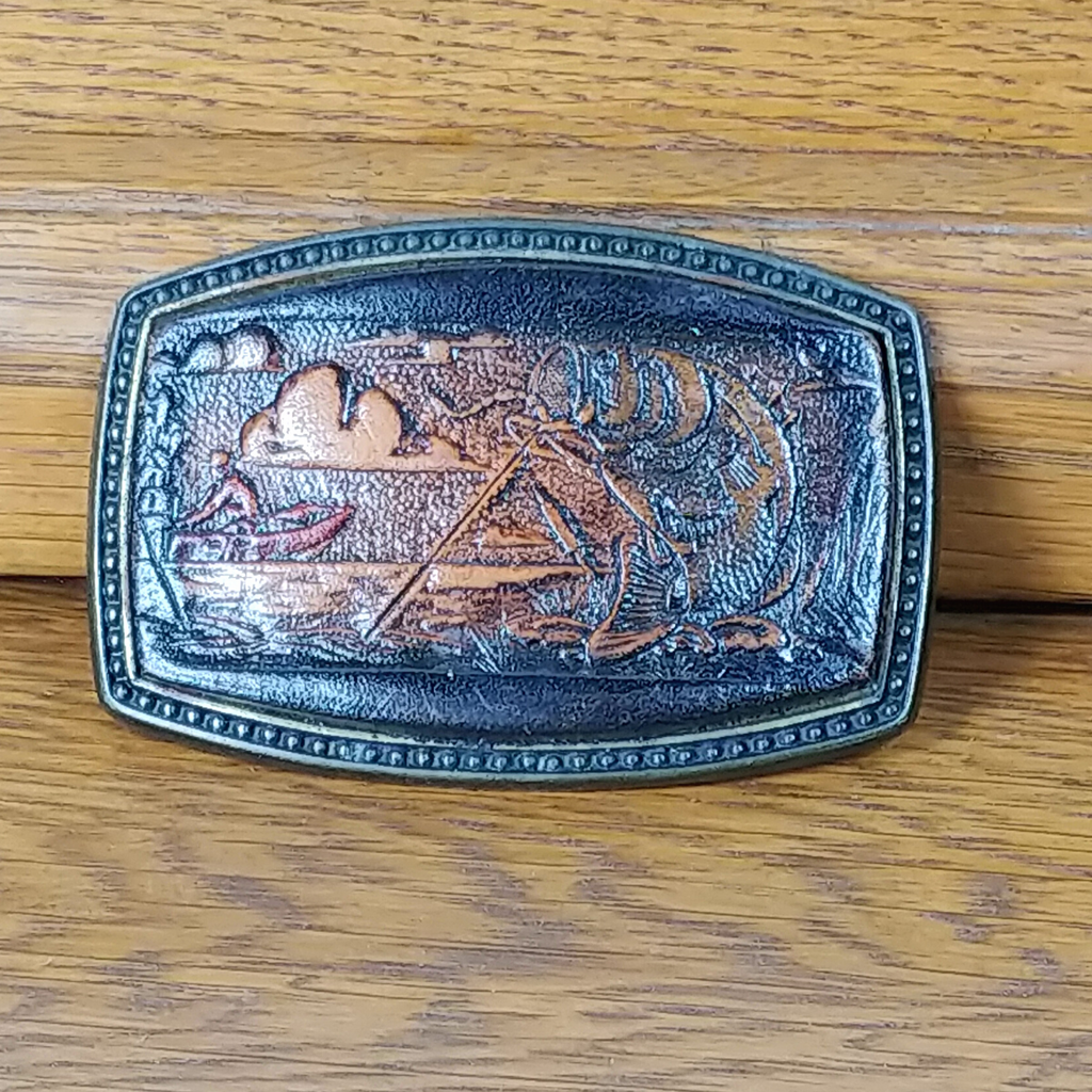 Vintage Brass and Leather Bass Fishing Angler Belt Buckle - Attic and Barn Treasures