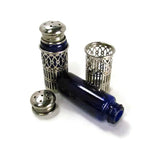 Vintage Cobalt Blue Salt Shakers in Filigree Silver Metal Sleeves - Attic and Barn Treasures