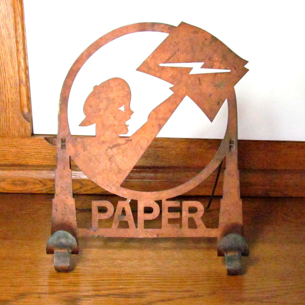 Vintage Metal Newsboy Silhouette Newspaper Stand Rack c. Early 1900's - Attic and Barn Treasures