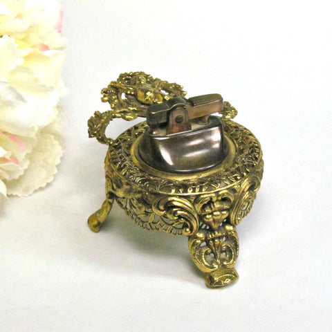 Vintage Ornate Metal Table Lighter Goldtone Cherub - Attic and Barn Treasures