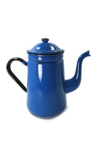 Vintage Blue Enamelware Coffee Tea Pot French Style - Attic and Barn Treasures