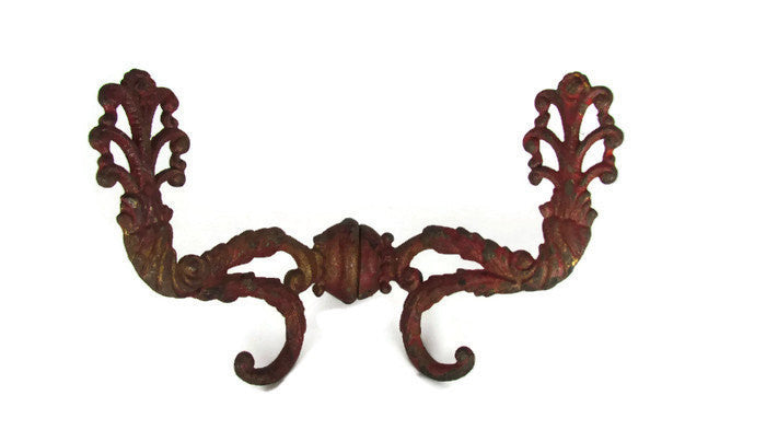 Antique Coat or Hat Rack Hook Hardware Chippy Red and Gold