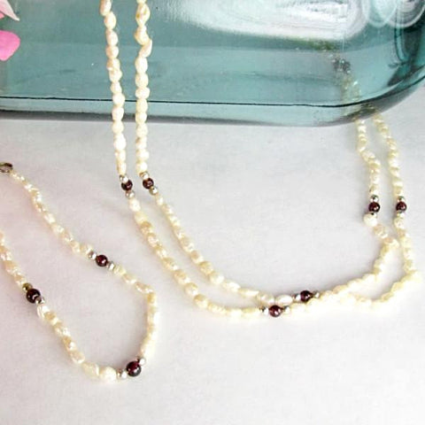 Freshwater Pearl and Garnet Vintage Necklace and Bracelet Set - Attic and Barn Treasures
