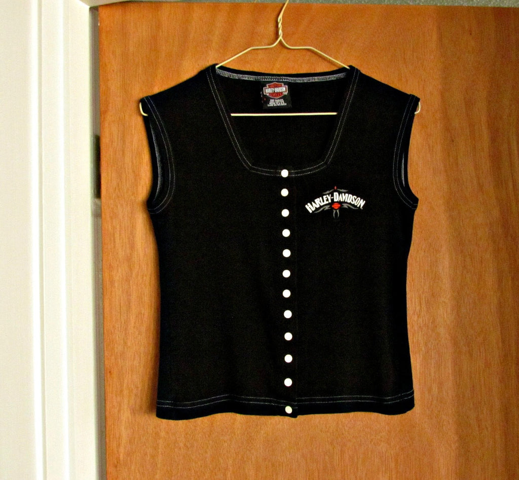 Harley Davidson Vintage 100% Cotton Ladies Sleeveless Snap Front Shirt - Attic and Barn Treasures