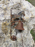 SOLD Rustic Post Mount Bell with Trotting Horse - Attic and Barn Treasures
