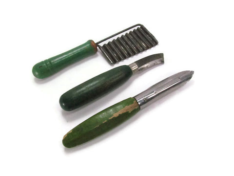Green Wood Handle Utensils Choice of 1 Vintage Kitchen Tool 