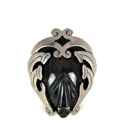 Vintage Brooch Silver and Carved Black Obsidian Tribal Mayan Mask - Attic and Barn Treasures