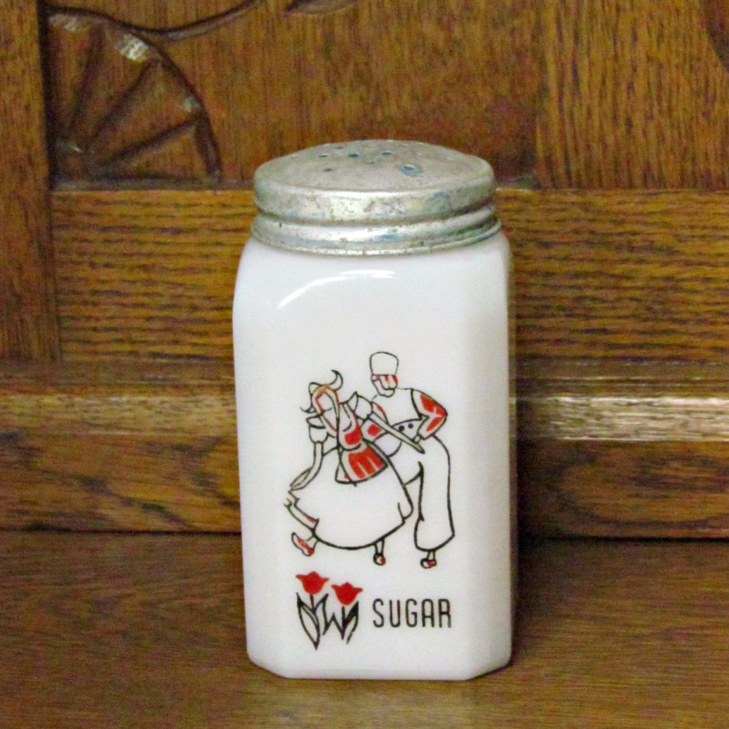 Vintage Milk Glass Sugar Shaker with Red and Black Dancing Dutch Couple Rare Design - Attic and Barn Treasures