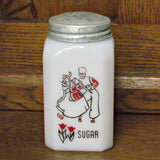 Vintage Milk Glass Sugar Shaker with Red and Black Dancing Dutch Couple Rare Design - Attic and Barn Treasures
