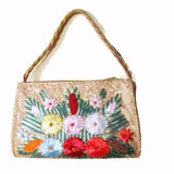 Vintage Woven Natural Fiber Purse with Raffia Flowers - Attic and Barn Treasures