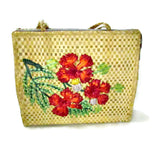 Vintage Woven Natural Fiber Purse with Tropical Hibiscus Raffia Flowers - Attic and Barn Treasures