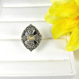 Sterling Silver Citrine Onyx and Marcasite Ring Vintage Size 6 - Attic and Barn Treasures