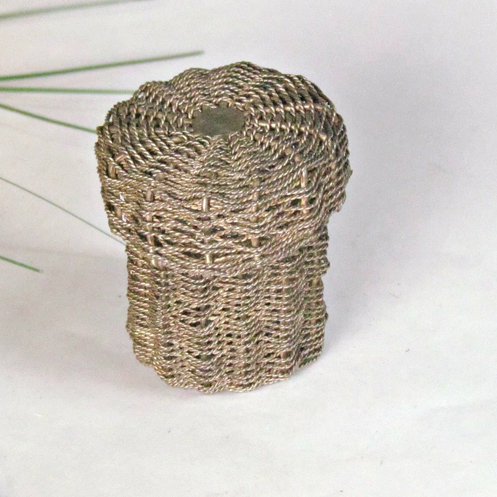 Vintage Miniature Woven Metal Basket with Lid Silver over Copper - Attic and Barn Treasures